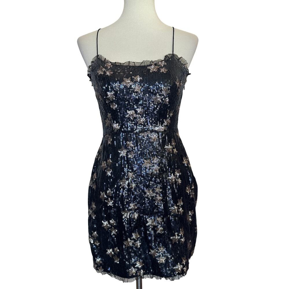Black Sequin Star Mini Dress with Nude Trim - Picture 4 of 10